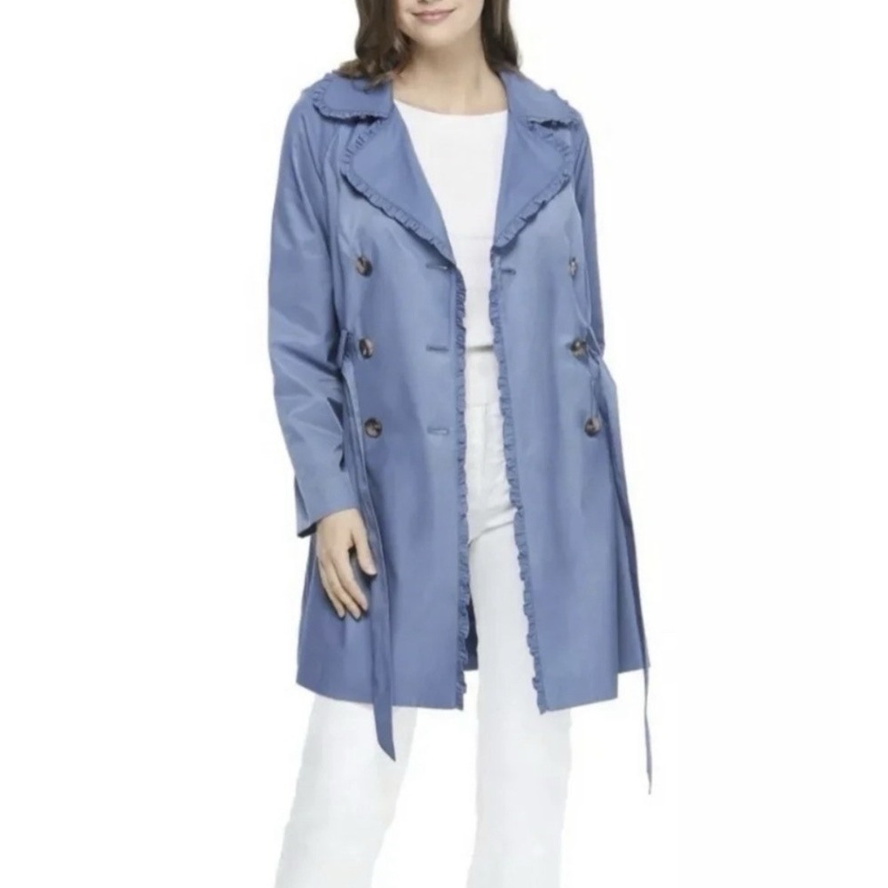 Gal Meets Glam Josie Ruffle Trim Trench Coat NWT Size XXL Cyan Blue